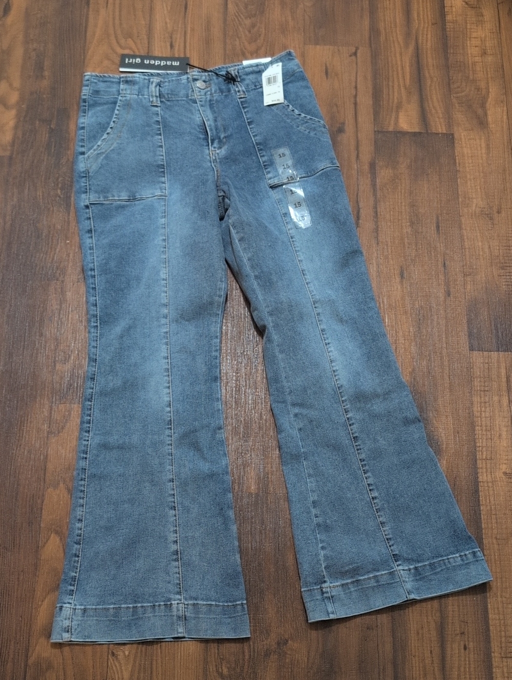 NWT Madden Girl High Rise Flare Jeans Front Seam Utility Pockets - Size 15